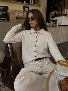 Zara Knit High Neck Collar Gold Button Cardigan Sweater Ecru Cream Size Small